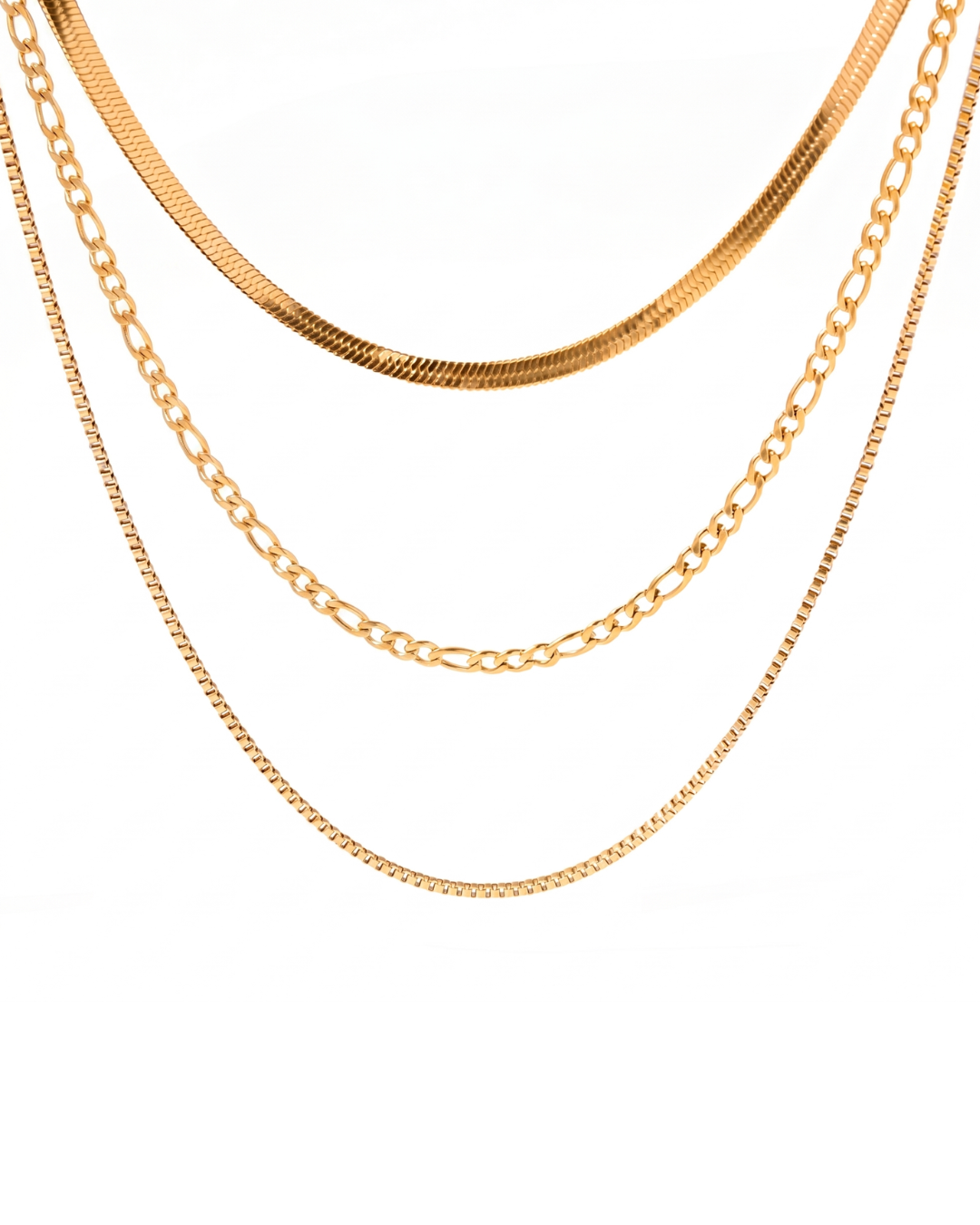 Gold electroplated stainless steel triple layer necklace with herringbone figaro and box chains by Clarabelle