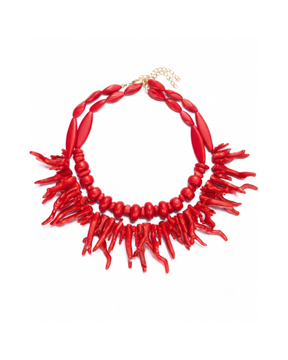 Corallo statement necklace by Clarabelle, double-layer coral-branch resin design in deep red