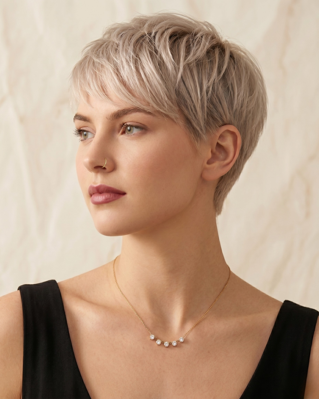  Estelle five-stone necklace worn at the collarbone, 18k gold plated finish
Close-up of stones: Close-up of Estelle necklace pendants, five faceted crystal-set stones in gold-plated settings