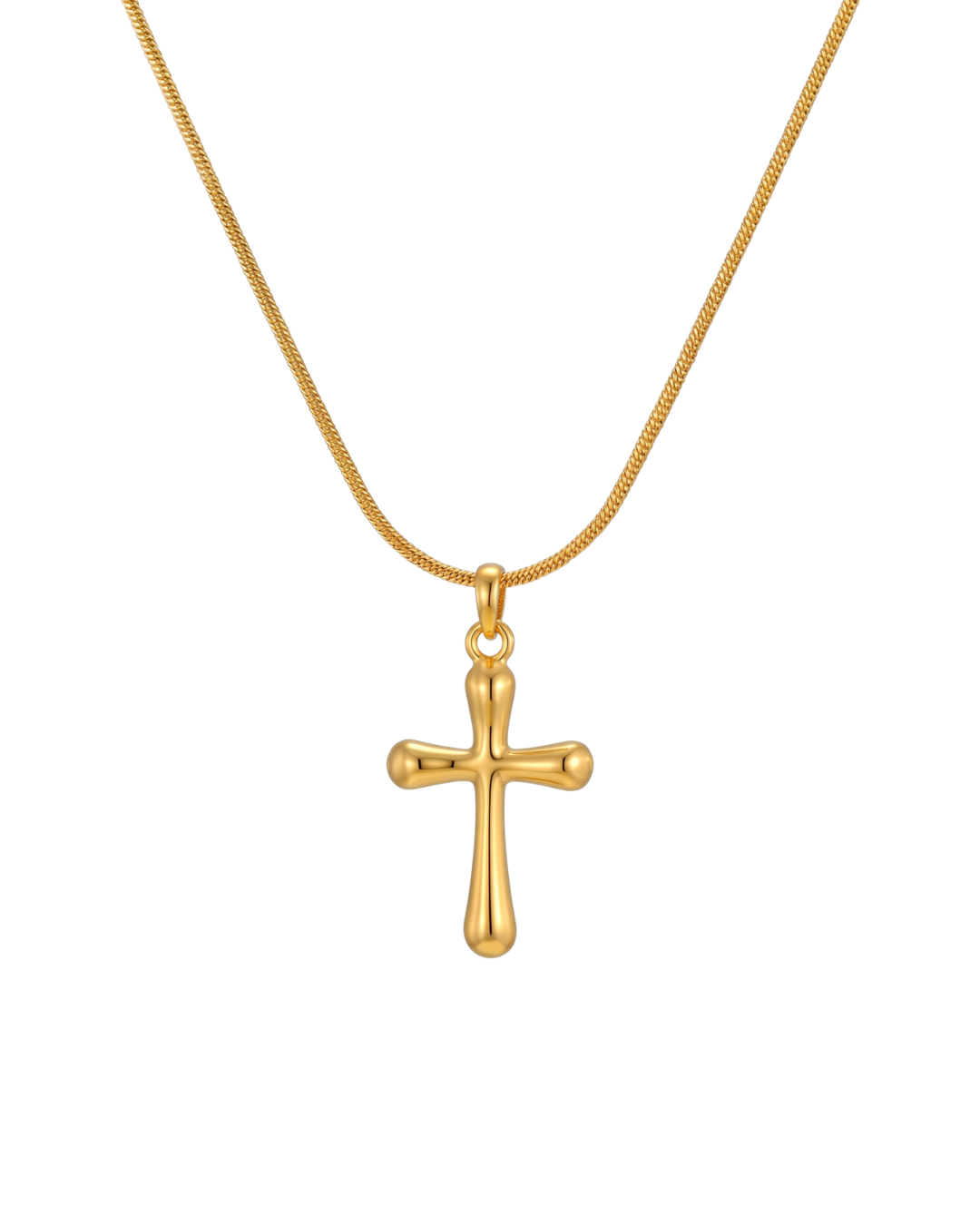 Gold electroplated stainless steel cross pendant necklace on snake chain by Clarabelle