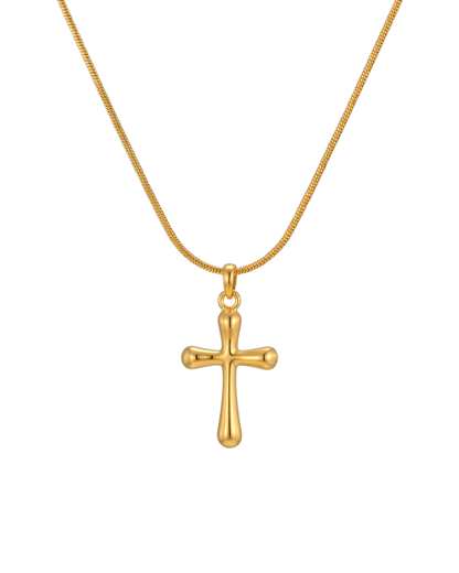 Gold electroplated stainless steel cross pendant necklace on snake chain by Clarabelle