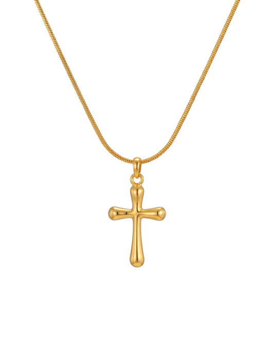 Gold electroplated stainless steel cross pendant necklace on snake chain by Clarabelle