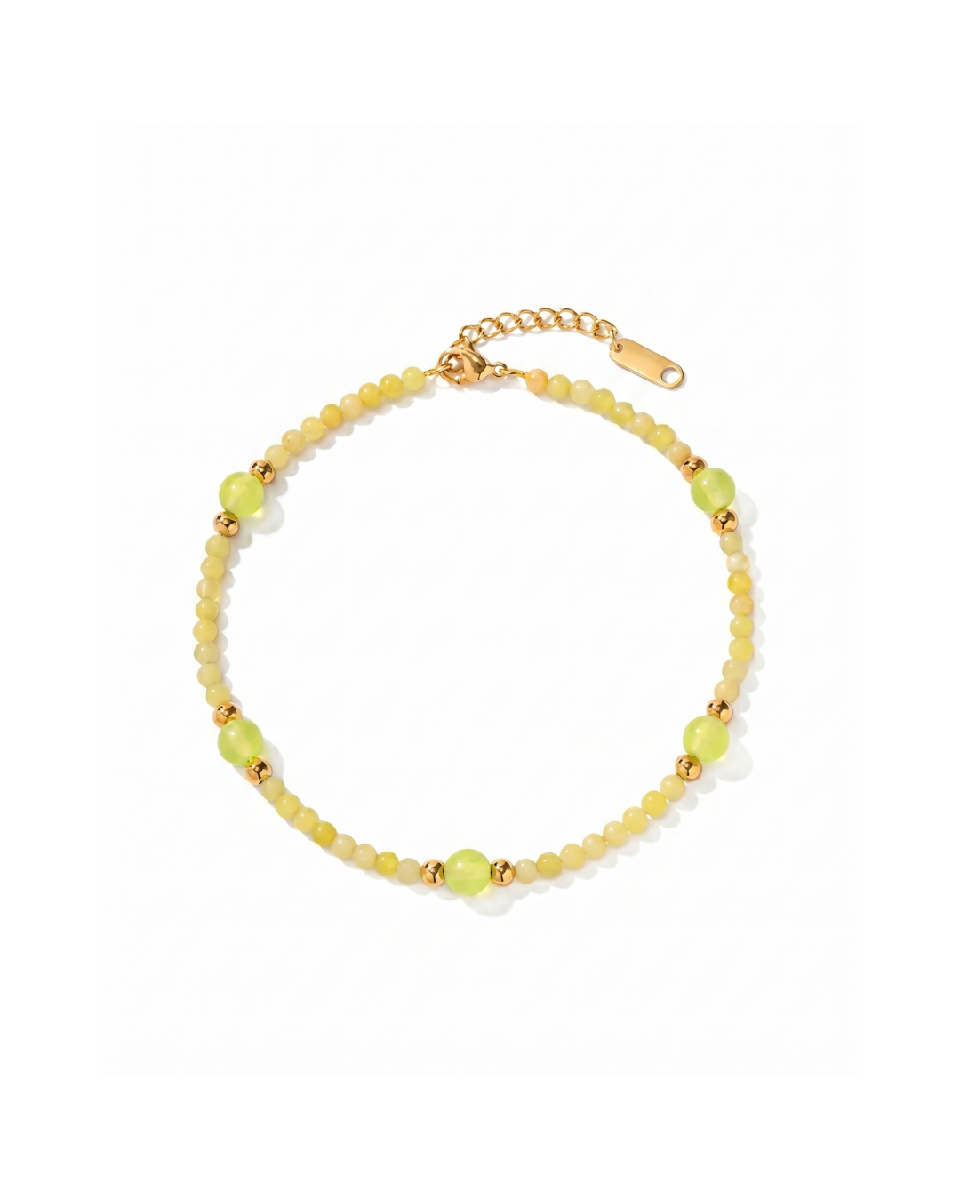 18K gold plated titanium steel anklet with yellow and green stone-effect beads and gold sphere accents by Clarabelle