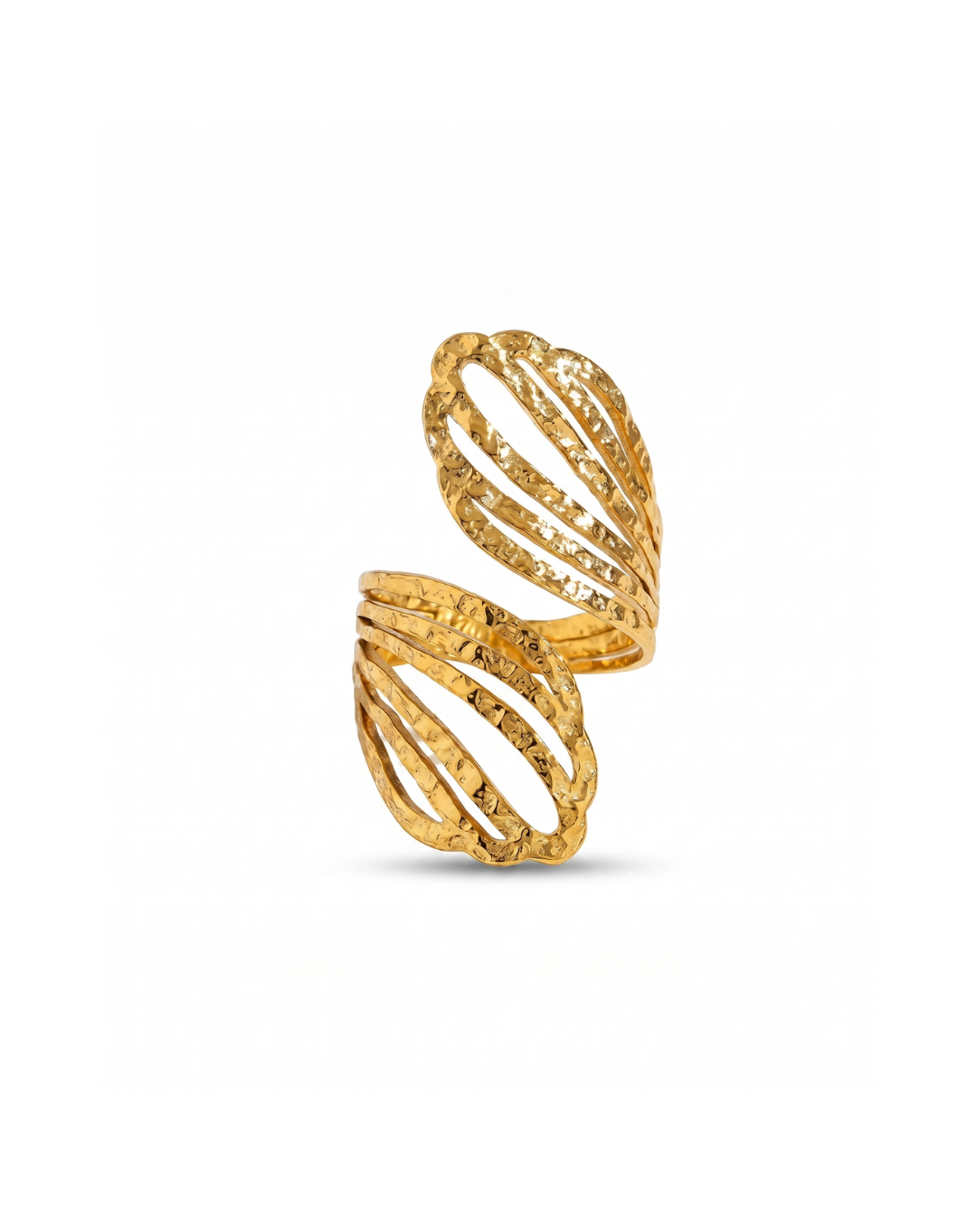 Gold PVD 18K plated stainless steel tall open helix sculptural statement ring by Clarabelle