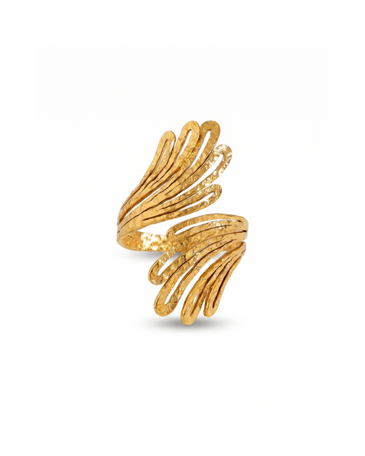 Gold PVD 18K plated stainless steel open feather fan sculptural statement ring by Clarabelle