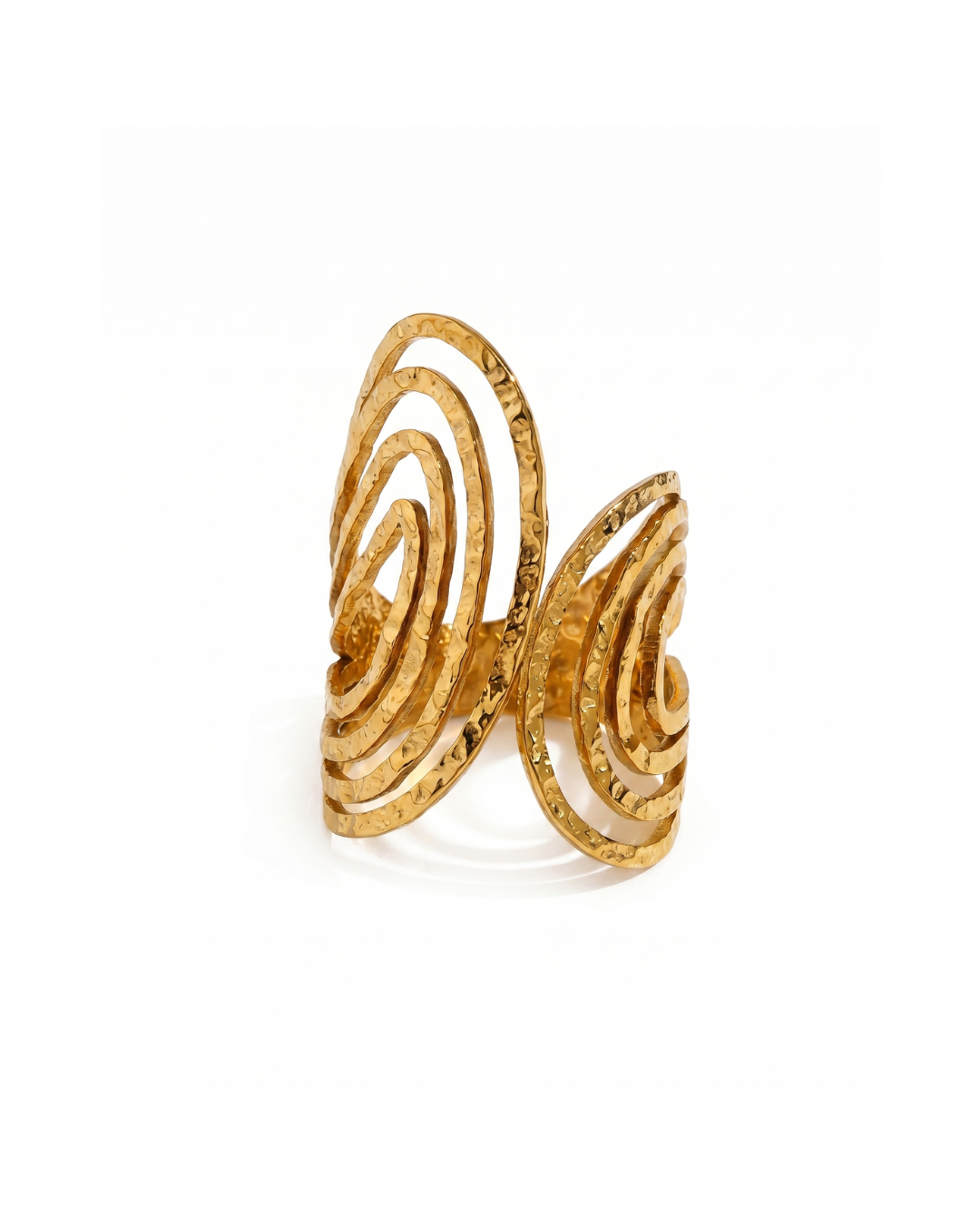 Gold PVD 18K plated stainless steel double spiral geometric statement ring by Clarabelle