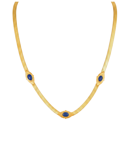Gold electroplated stainless steel herringbone chain necklace with three blue oval stone-effect pendants by Clarabelle