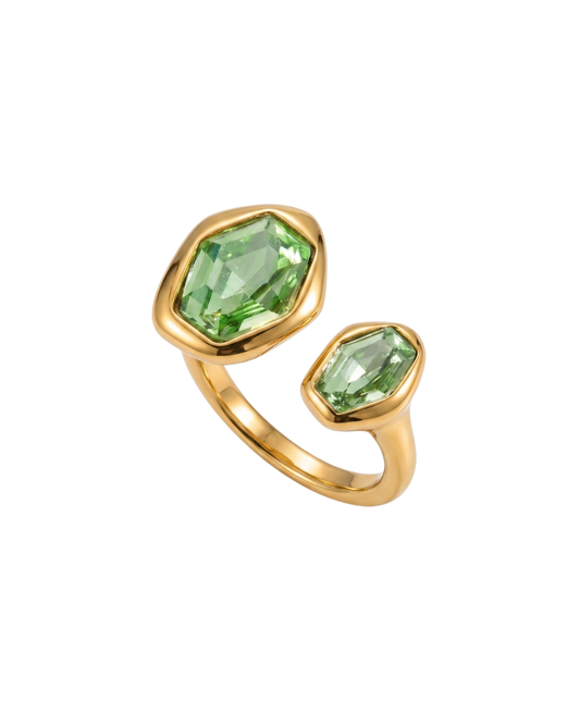 Gold electroplated stainless steel open ring with two green geometric octagon gemstones by Clarabelle