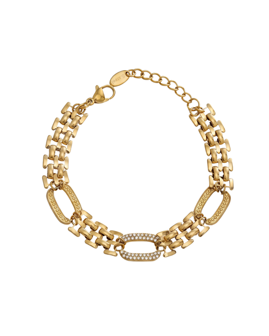 Gold stainless steel chain bracelet with pavé zircon oval link centrepiece by Clarabelle