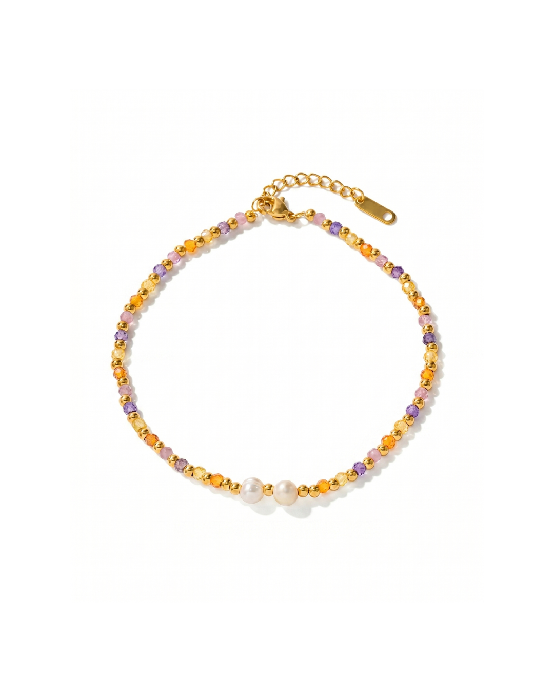 18K gold plated titanium steel anklet with multicolour stone-effect beads, gold spheres and single pearl accent by Clarabelle