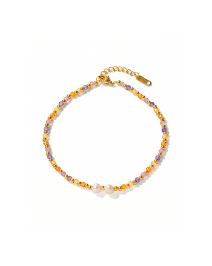 18K gold plated titanium steel anklet with multicolour stone-effect beads, gold spheres and single pearl accent by Clarabelle