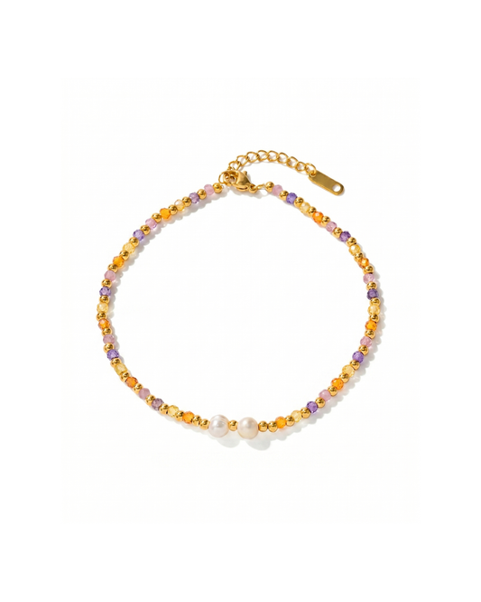 18K gold plated titanium steel anklet with multicolour stone-effect beads, gold spheres and single pearl accent by Clarabelle
