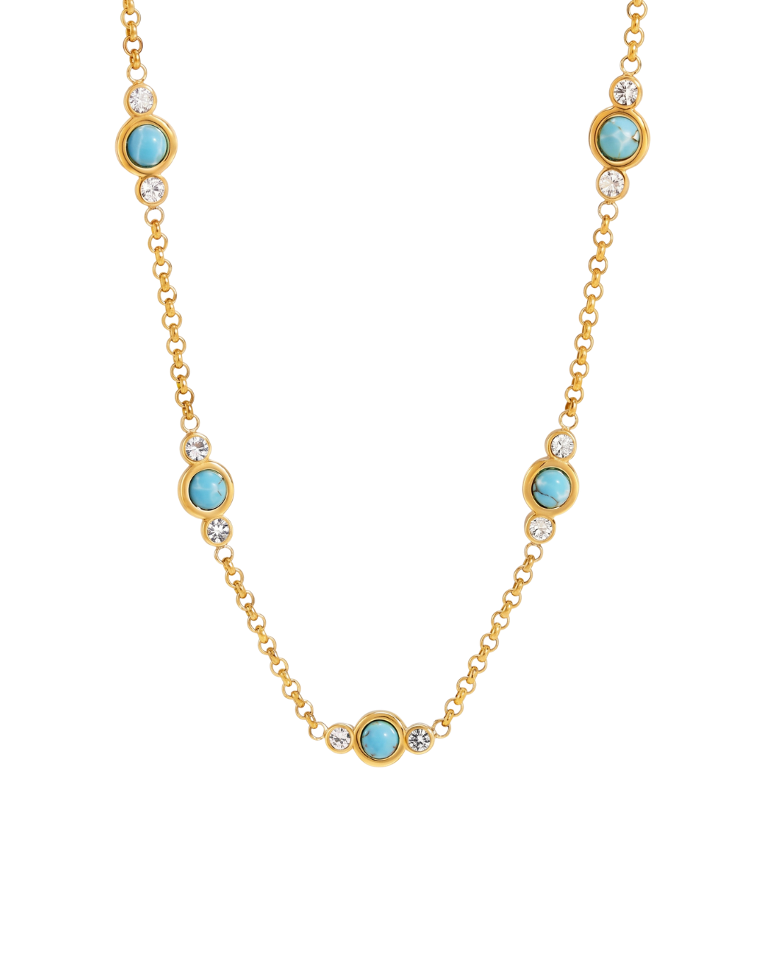Isla 18k gold plated station necklace by Clarabelle, turquoise-effect stones and crystal-set accents
