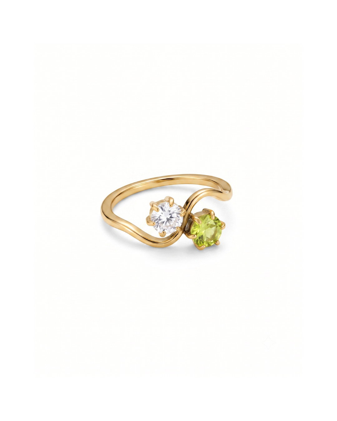 Joséphine Toi et Moi ring by Clarabelle, gold finish with peridot-green and clear crystal-set stones
