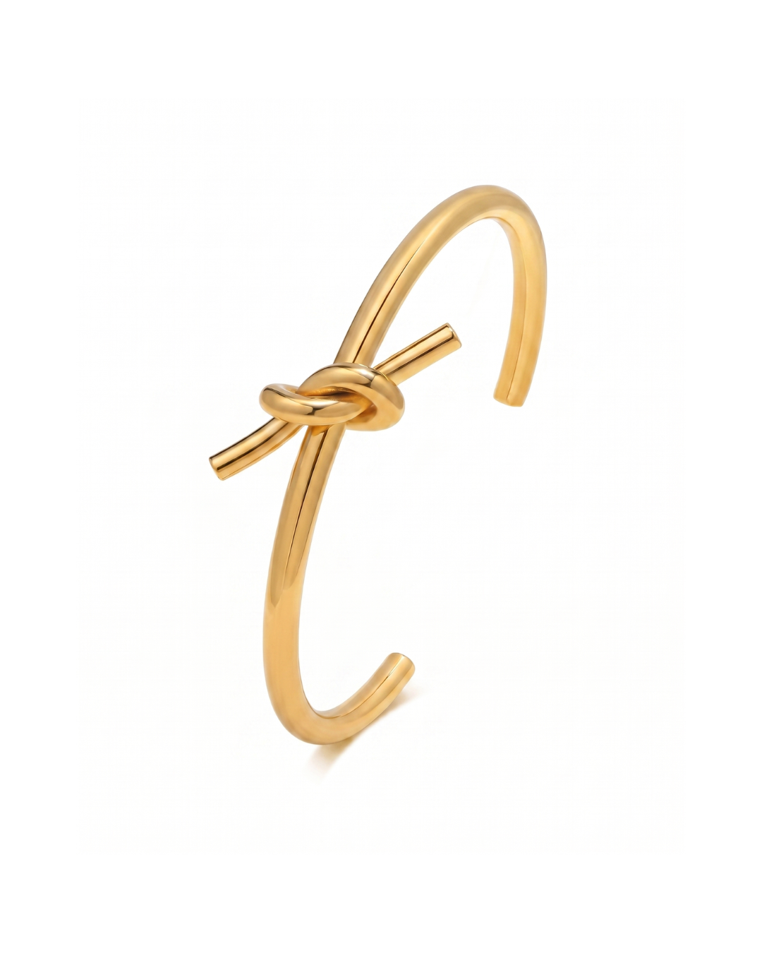 IP gold plated stainless steel open cuff bracelet with sculptural knot detail by Clarabelle