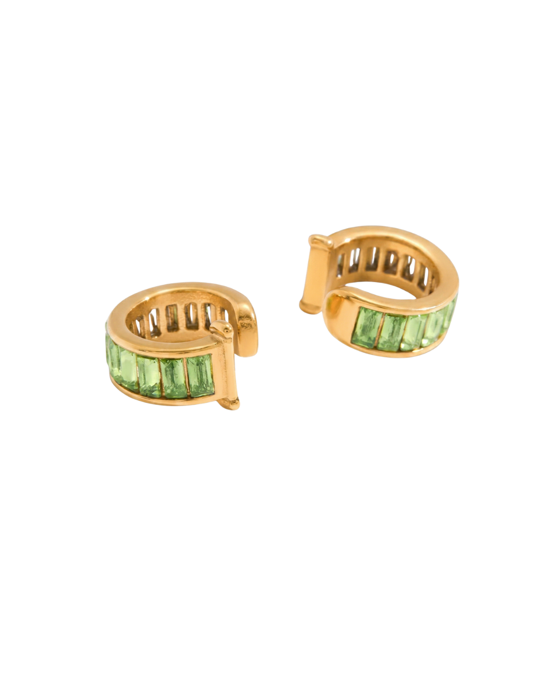 Léonie Green Huggie Earrings on a white background