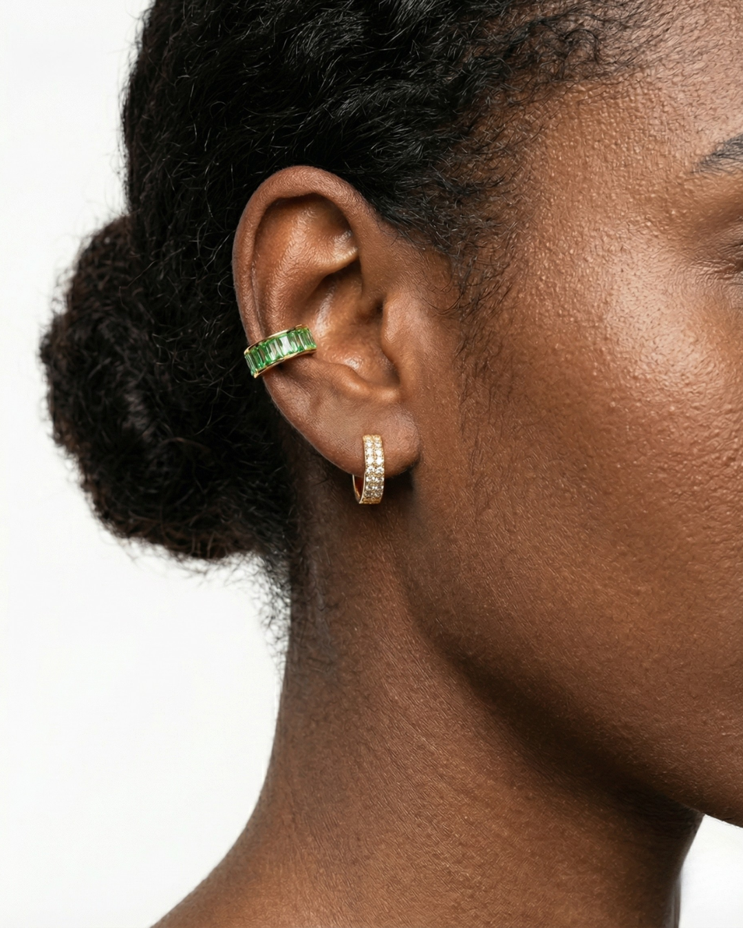Léonie Green Huggie Earrings worn on ear
