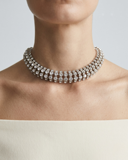  Close-up of Lanzarote necklace, triple-row crystal-set stones in gold-finished claw settings