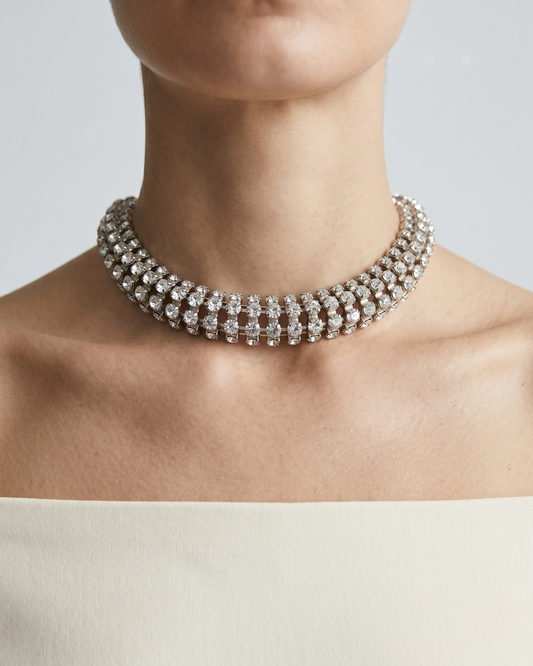  Close-up of Lanzarote necklace, triple-row crystal-set stones in gold-finished claw settings