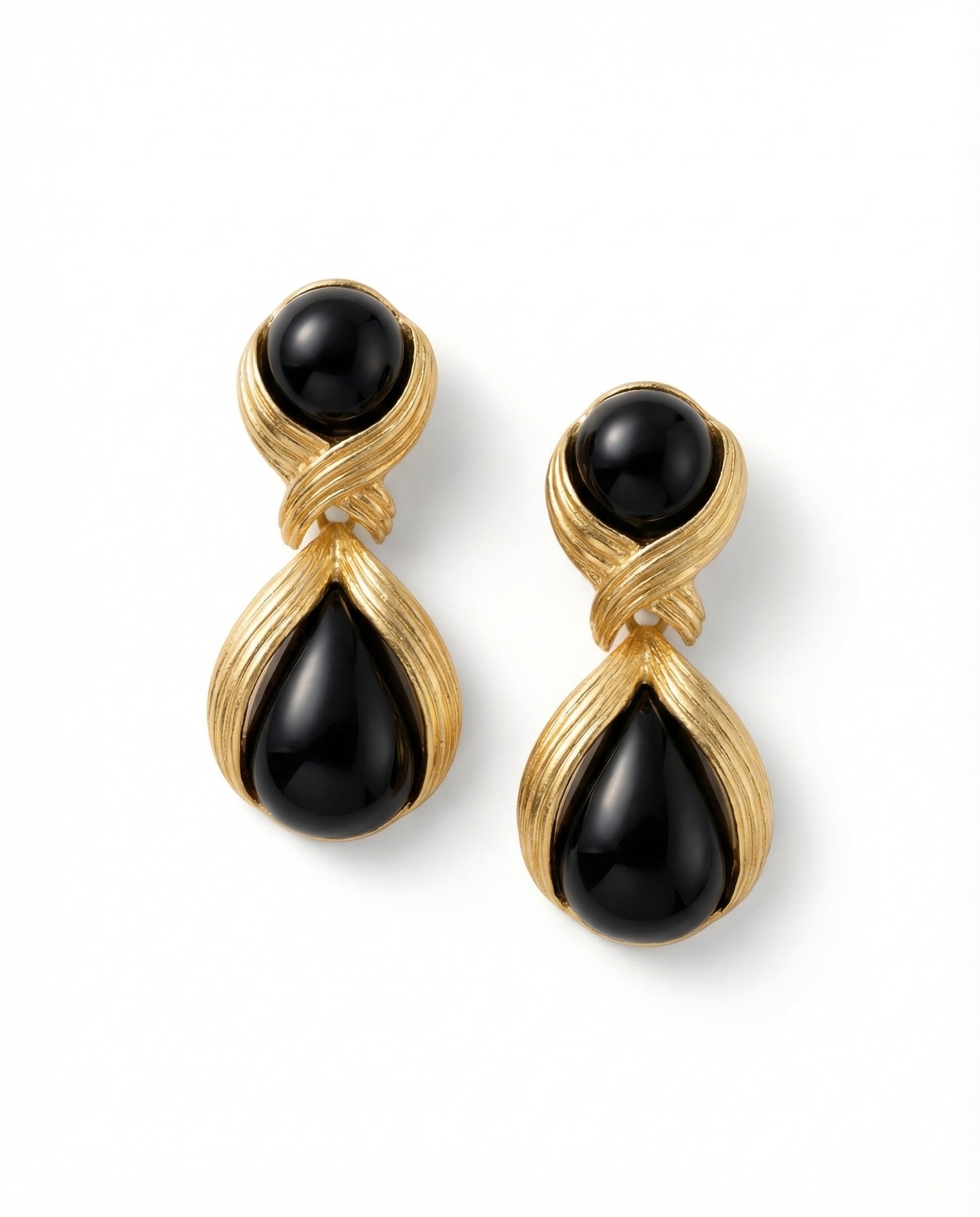 Luna Black Drop Earrings by Clarabelle — bold black and gold sculptural drop earrings