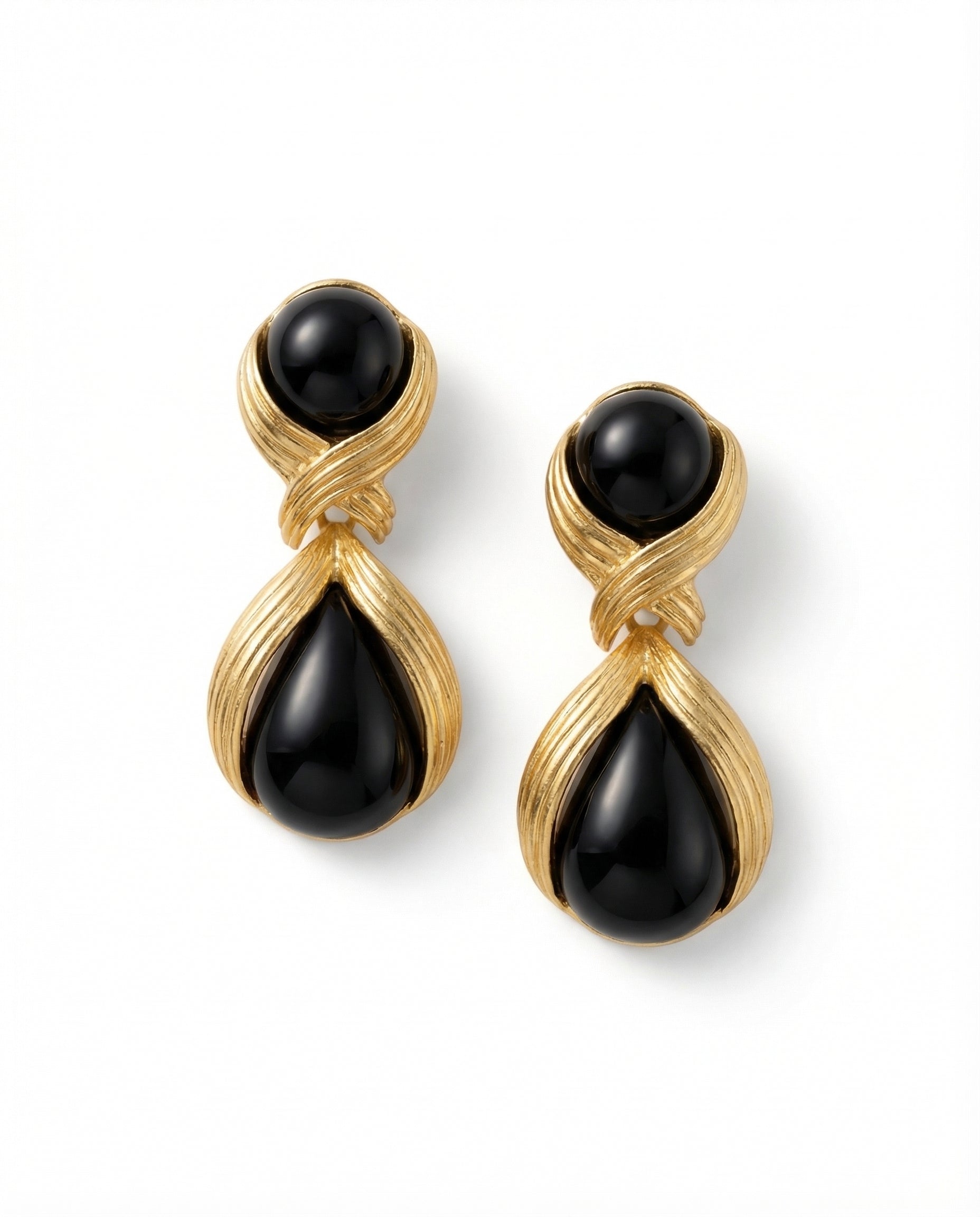 Luna Black Drop Earrings by Clarabelle — bold black and gold sculptural drop earrings
