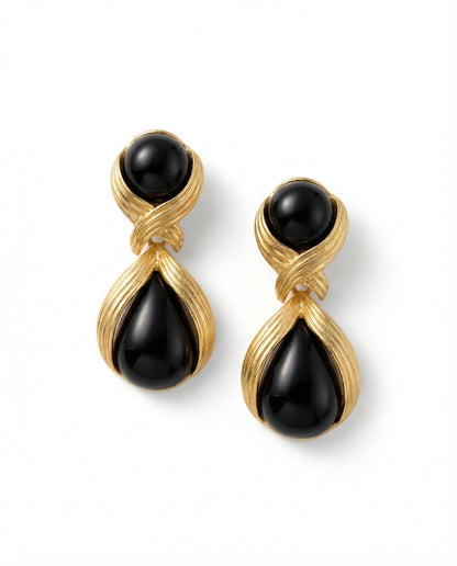 Luna Black Drop Earrings by Clarabelle — bold black and gold sculptural drop earrings