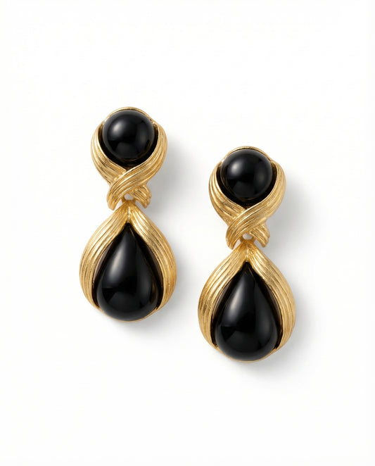 Luna Black Drop Earrings by Clarabelle — bold black and gold sculptural drop earrings