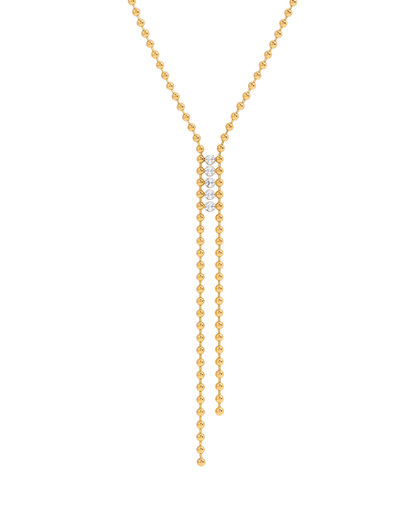 Lyra ball chain lariat necklace by Clarabelle, 18k gold plated with crystal-set centre stones and Y-drop
