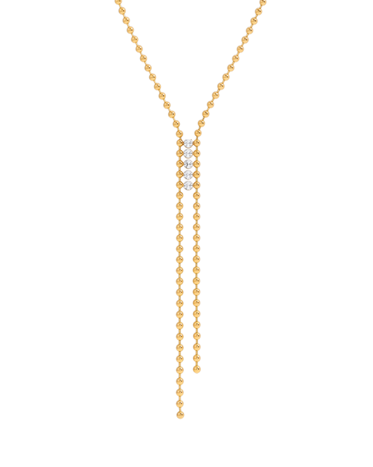 Lyra ball chain lariat necklace by Clarabelle, 18k gold plated with crystal-set centre stones and Y-drop