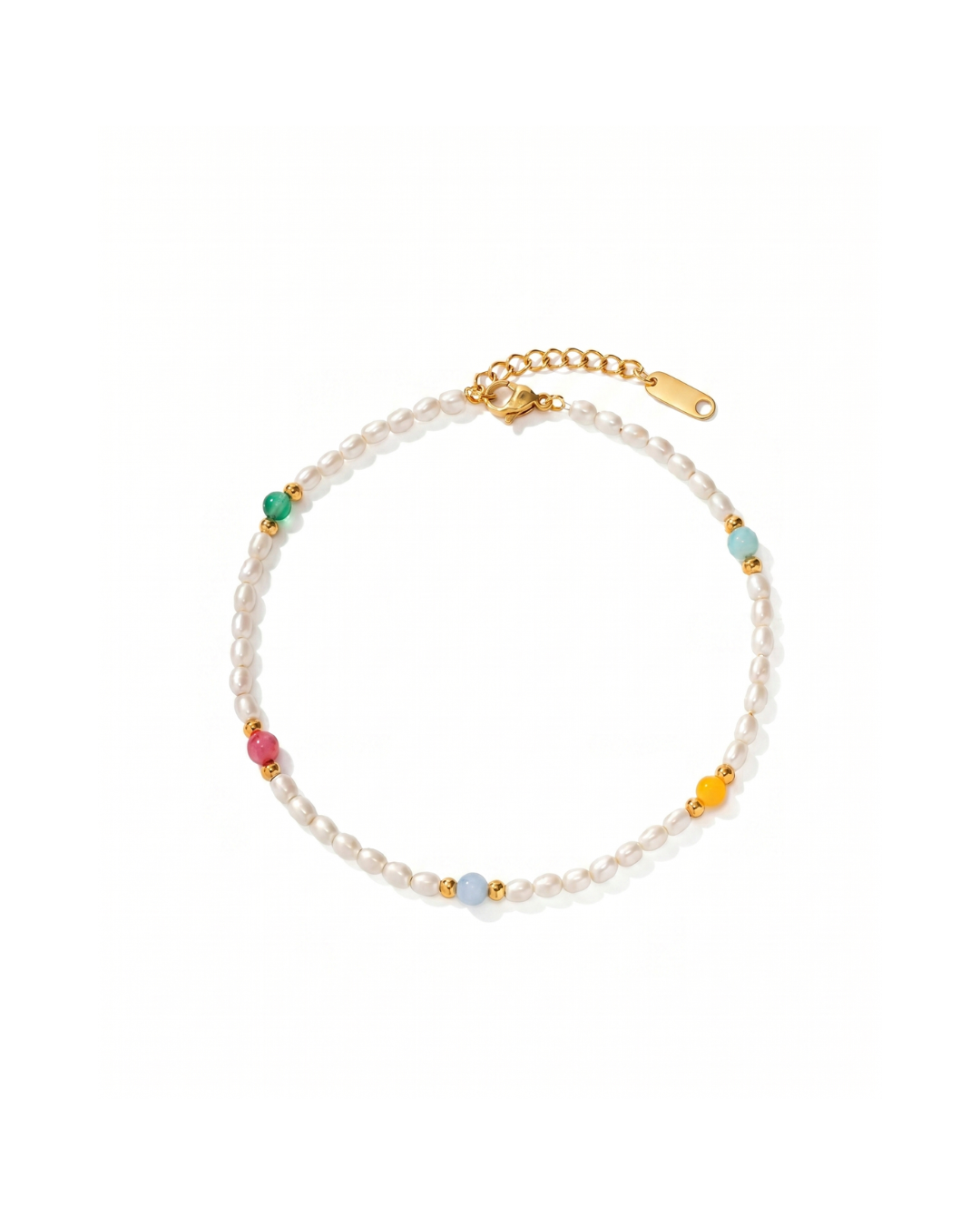 18K gold plated titanium steel anklet with pearl-effect beads and multicolour stone-effect accents by Clarabelle