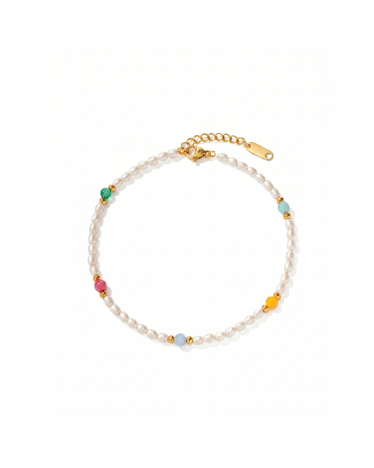 18K gold plated titanium steel anklet with pearl-effect beads and multicolour stone-effect accents by Clarabelle