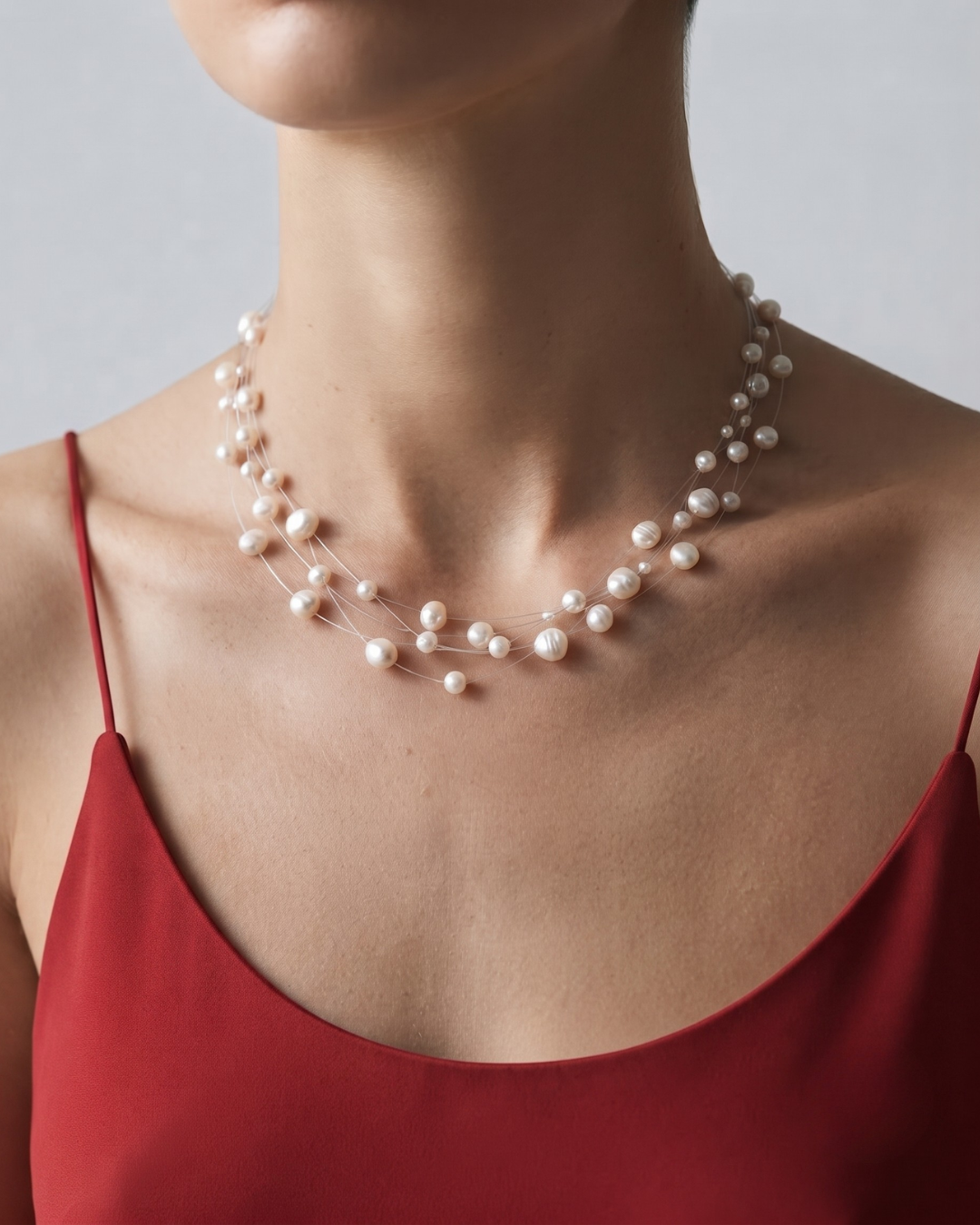 Marina pearl necklace worn at the collarbone, multiple strands of floating freshwater pearls