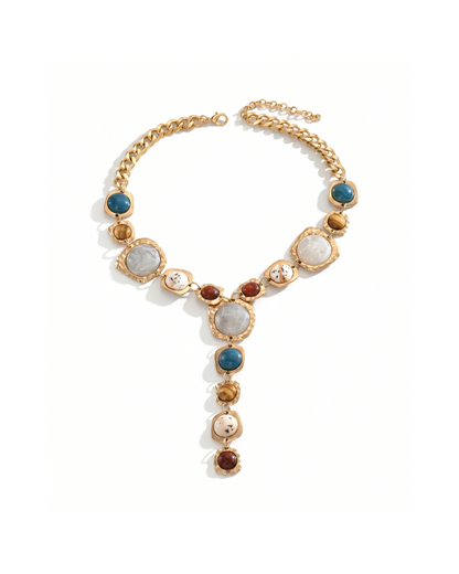 Gold electroplated alloy Y-drop statement necklace with multicolour geometric stone-effect pendants by Clarabelle