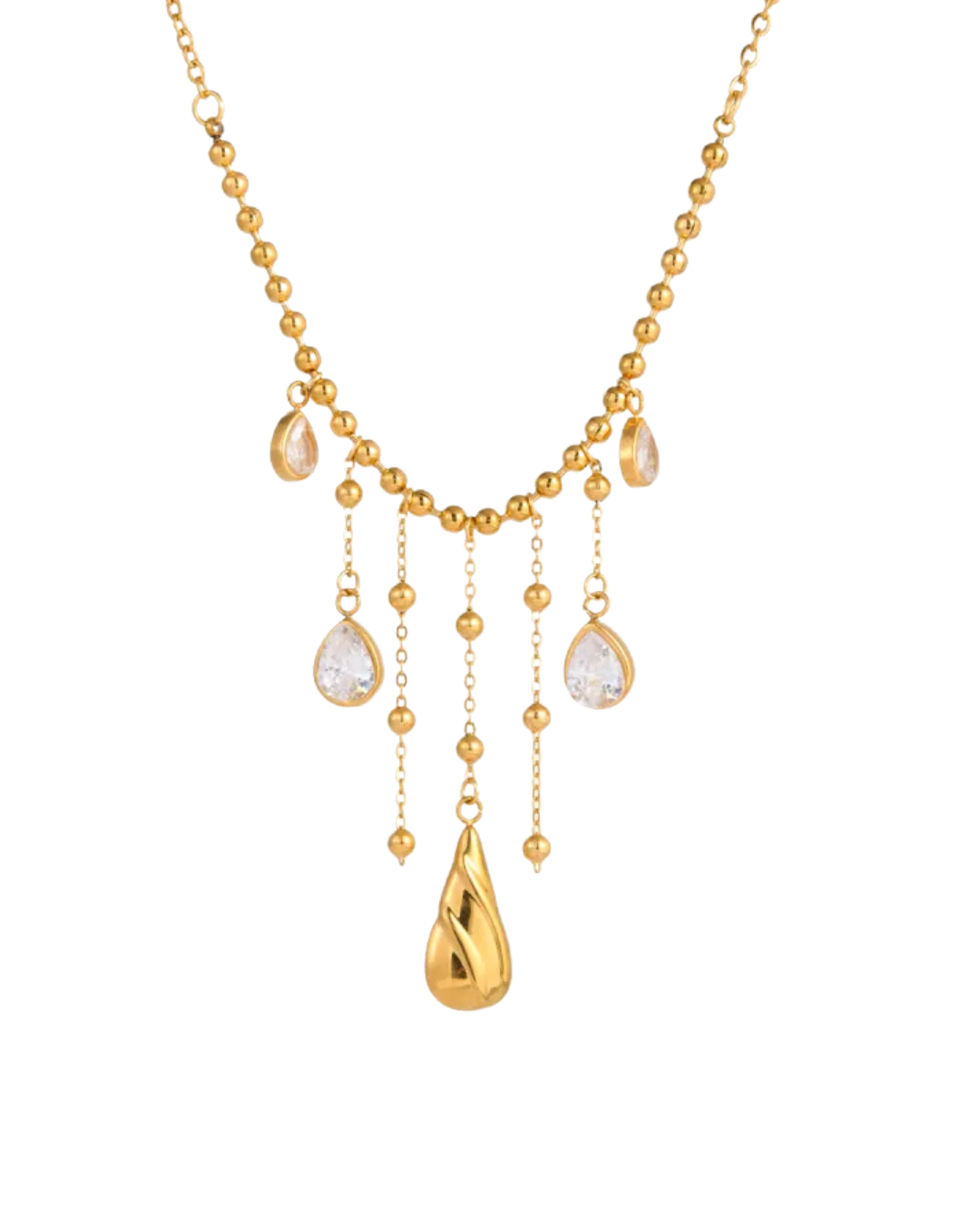 Gold PVD stainless steel ball chain necklace with stone-effect water drop tassel pendants and sculptural gold drop, displayed on white background — Medellín Necklace by Clarabelle