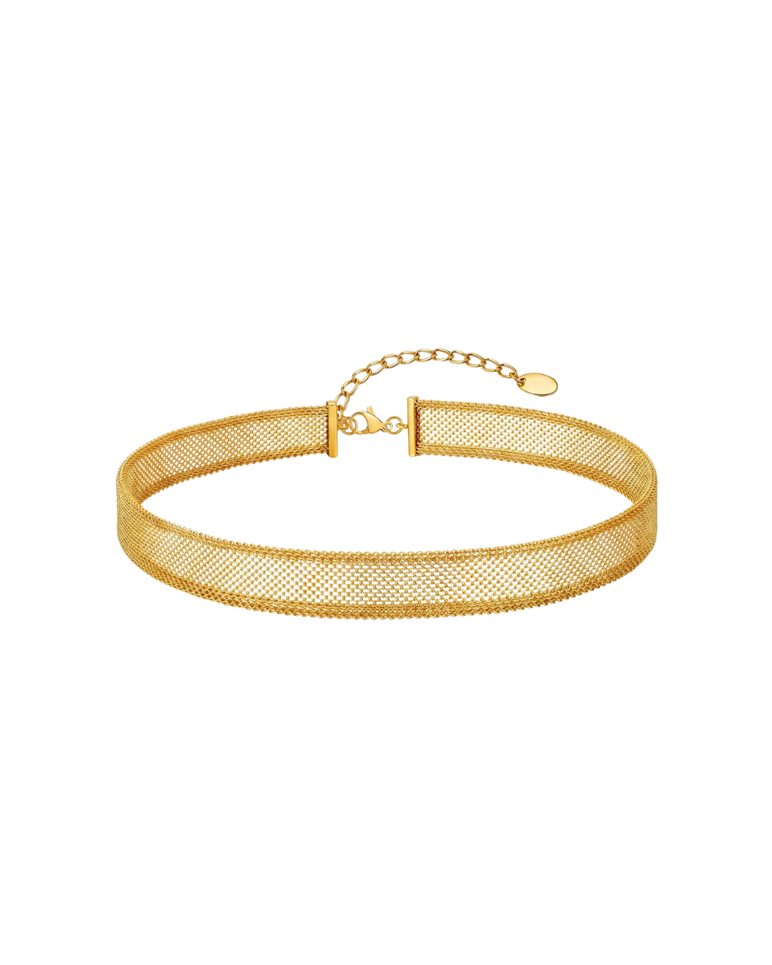 Mila mesh necklace by Clarabelle, gold finish woven band with bar-set ends