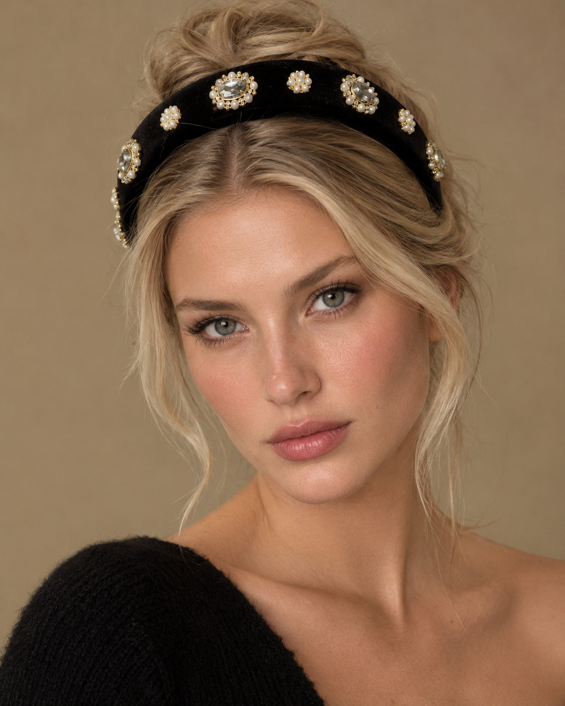 Model wearing the Olympia noir embellished velvet headband with hair down, three-quarter view