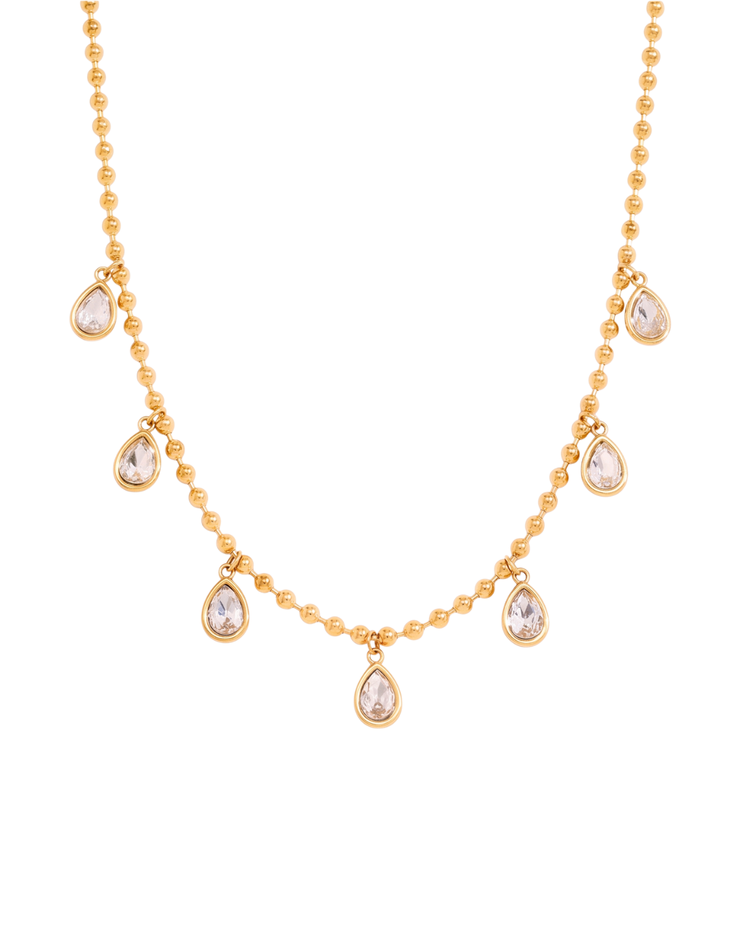 Naia ball chain teardrop necklace by Clarabelle, 18k gold plated with suspended crystal teardrops