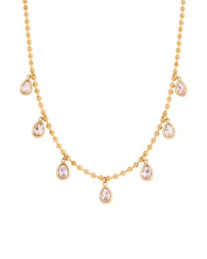Naia ball chain teardrop necklace by Clarabelle, 18k gold plated with suspended crystal teardrops