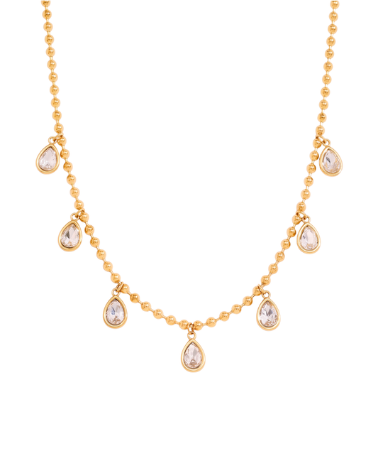 Naia ball chain teardrop necklace by Clarabelle, 18k gold plated with suspended crystal teardrops