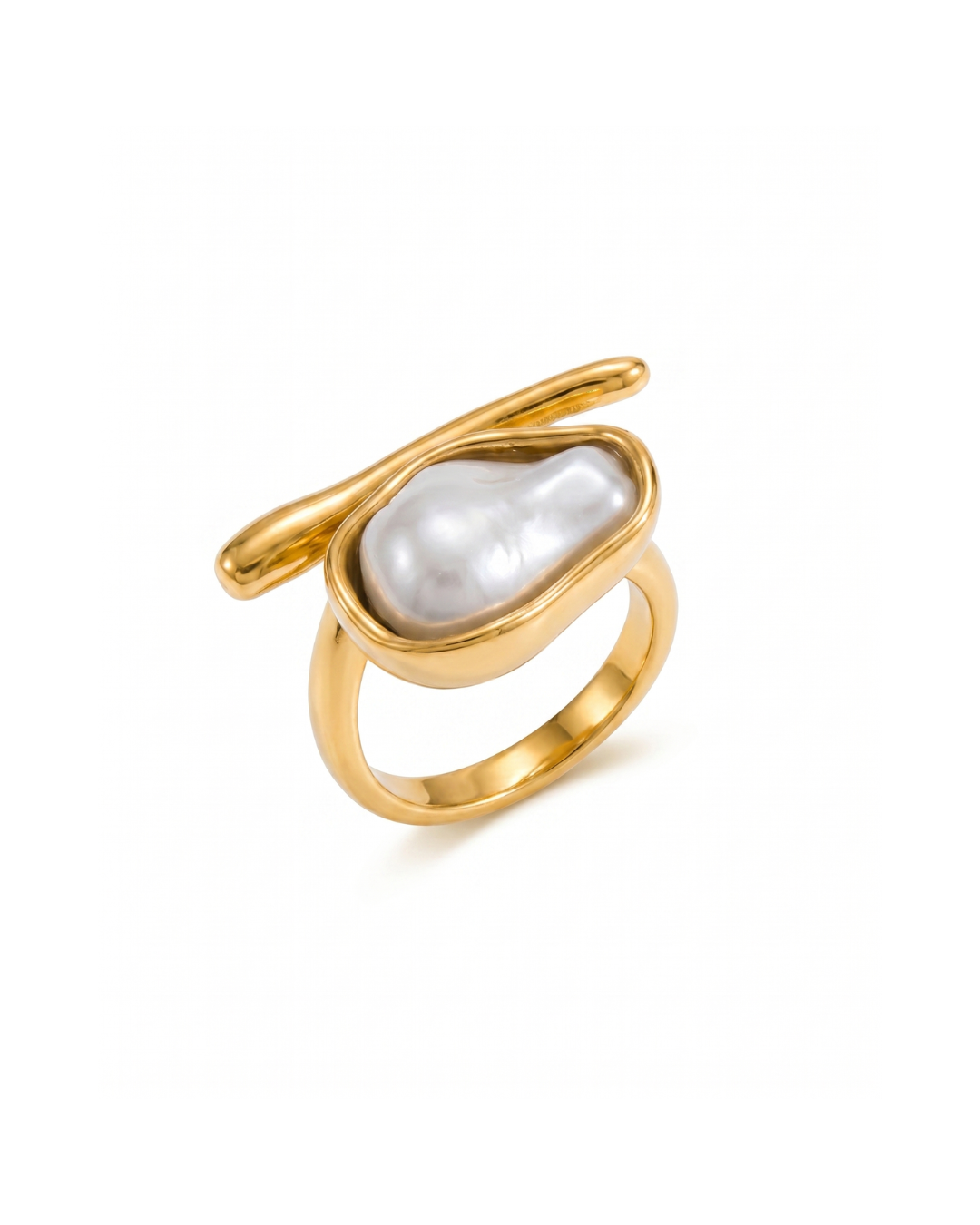 Gold electroplated stainless steel sculptural ring with baroque oval pearl centrepiece by Clarabelle
