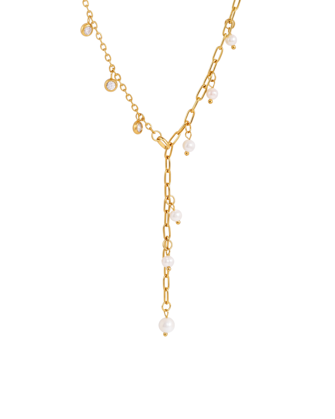 Nerine layered lariat necklace by Clarabelle, 18k gold plated with paperclip chain and pearl drop tassel