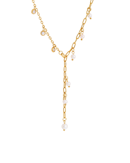 Nerine layered lariat necklace by Clarabelle, 18k gold plated with paperclip chain and pearl drop tassel