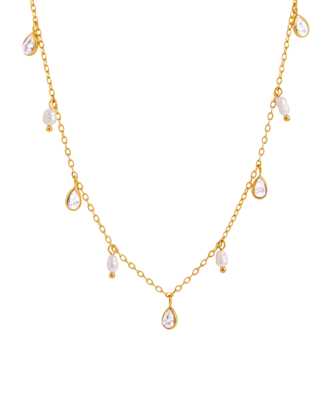 Ondine teardrop charm necklace by Clarabelle, 18k gold plated with crystal teardrops and pearl-effect drops