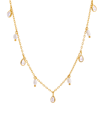 Ondine teardrop charm necklace by Clarabelle, 18k gold plated with crystal teardrops and pearl-effect drops
