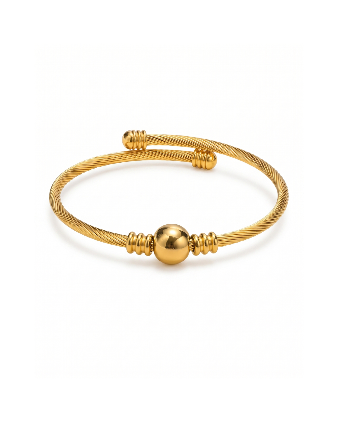 IP gold plated stainless steel twisted cable open cuff bracelet with polished centre sphere by Clarabelle