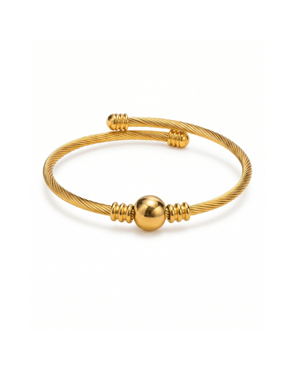 IP gold plated stainless steel twisted cable open cuff bracelet with polished centre sphere by Clarabelle