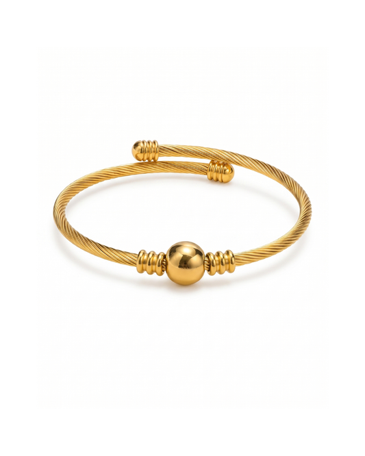 IP gold plated stainless steel twisted cable open cuff bracelet with polished centre sphere by Clarabelle