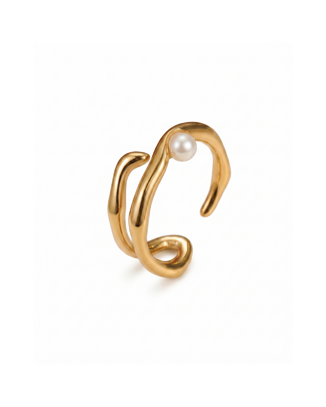 Gold plated stainless steel sculptural double-band open ring with pearl detail by Clarabelle