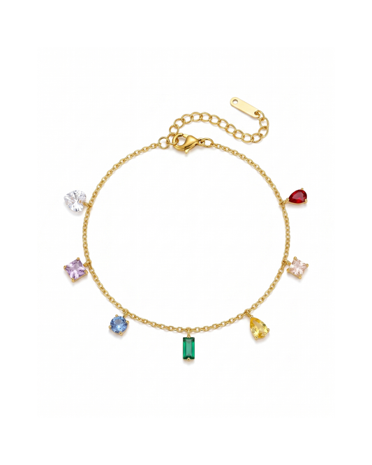 Gold titanium steel anklet with multicolor teardrop rhinestone charms by Clarabelle