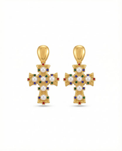 Ravenna_Pearl_Cross_Earrings_on_a_white_background